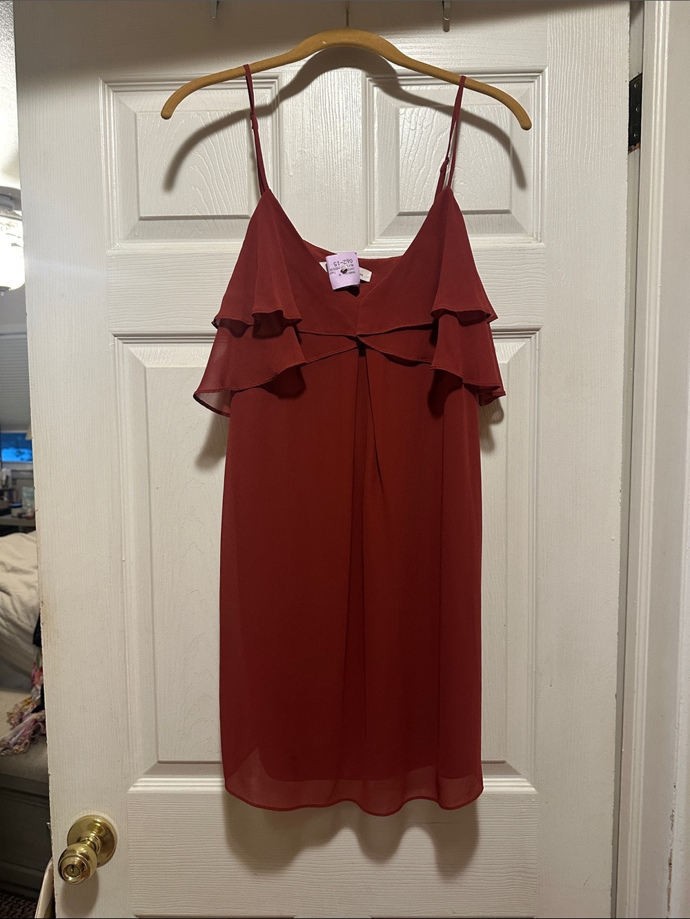 BCBG Ruffle Spaghetti-Strap Mini Dress in Deep Red